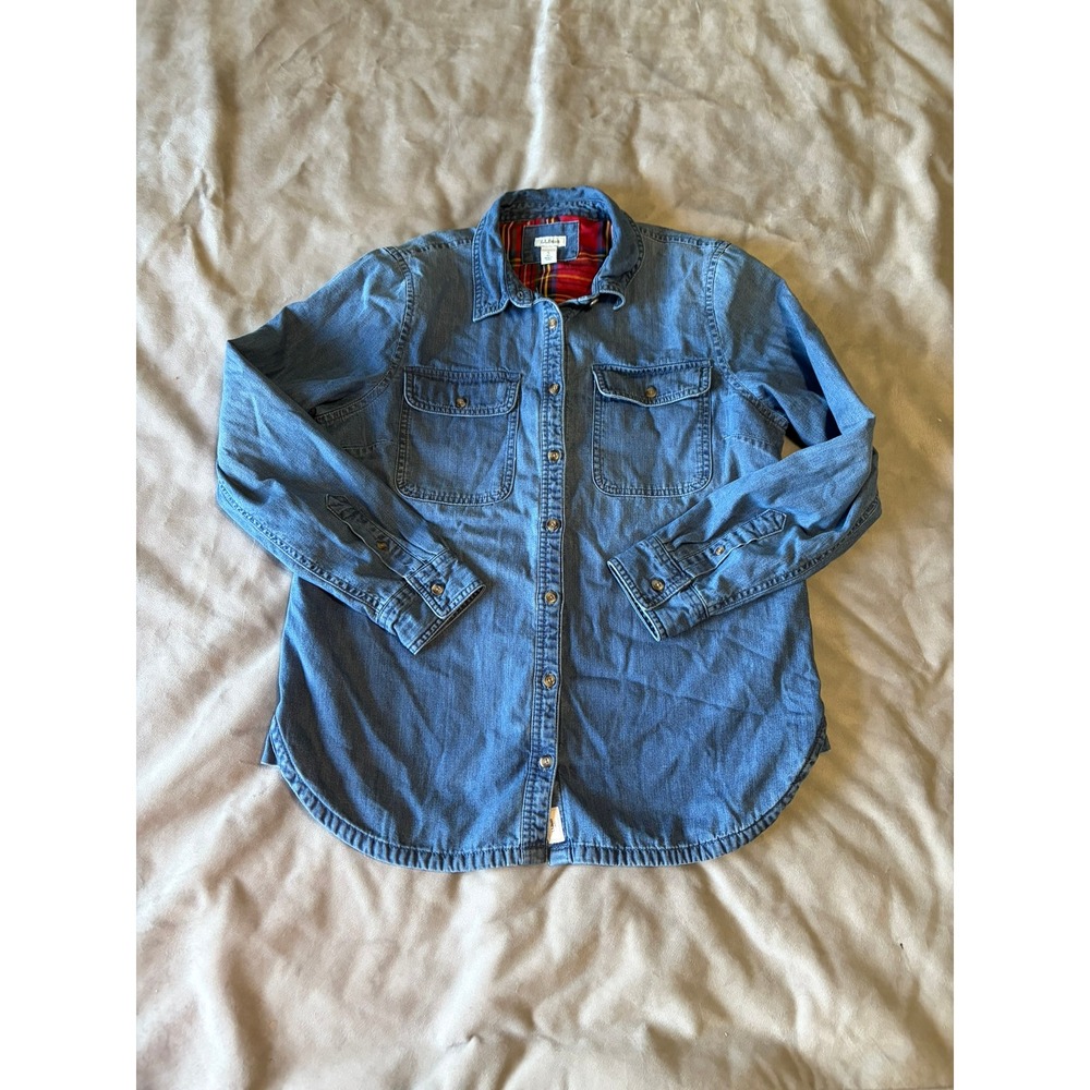 LL Bean Denim Flannel Lined Shirt Womens Small Blue Plaid Button Down - Picture 1 of 5